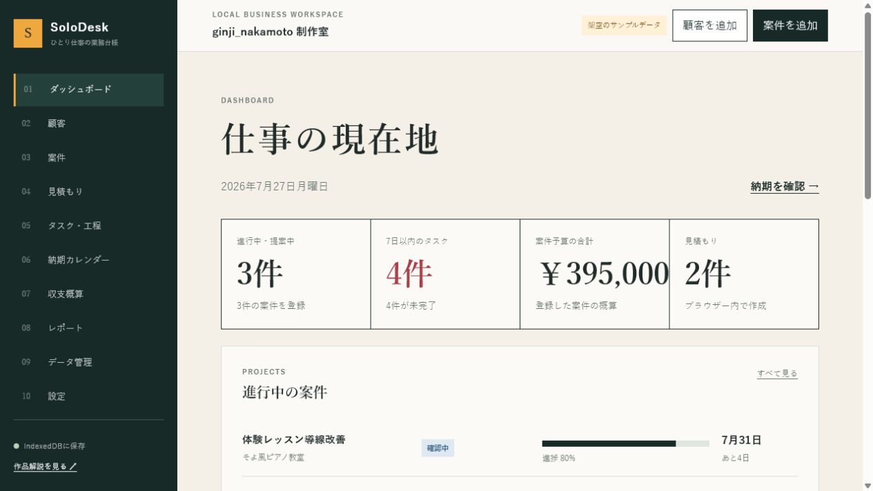 SoloDeskの案件と予定をまとめたダッシュボード画面