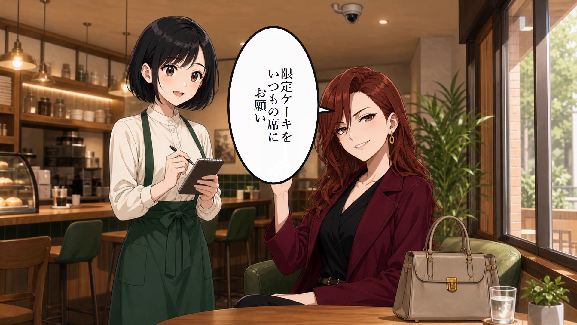 常連客がカフェで限定ケーキを注文する漫画動画の導入場面