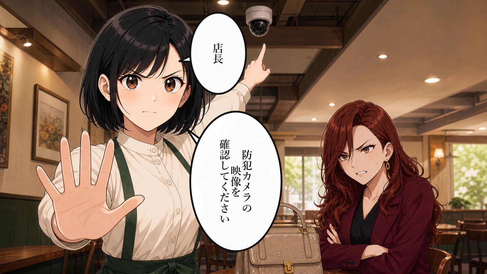 新人店員が防犯カメラを指し、常連客の主張を確認しようとする漫画動画の一場面
