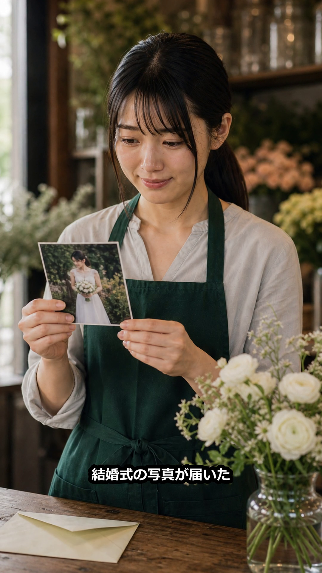 新人スタッフが花嫁とブーケの結婚式写真を見る結末場面