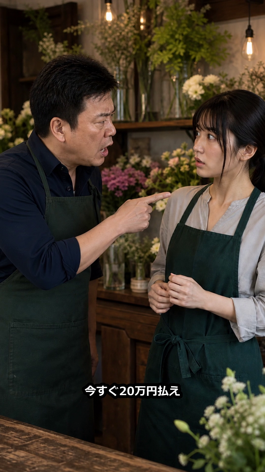 花店で男性が新人スタッフへ詰め寄る縦型写真物語動画の冒頭場面