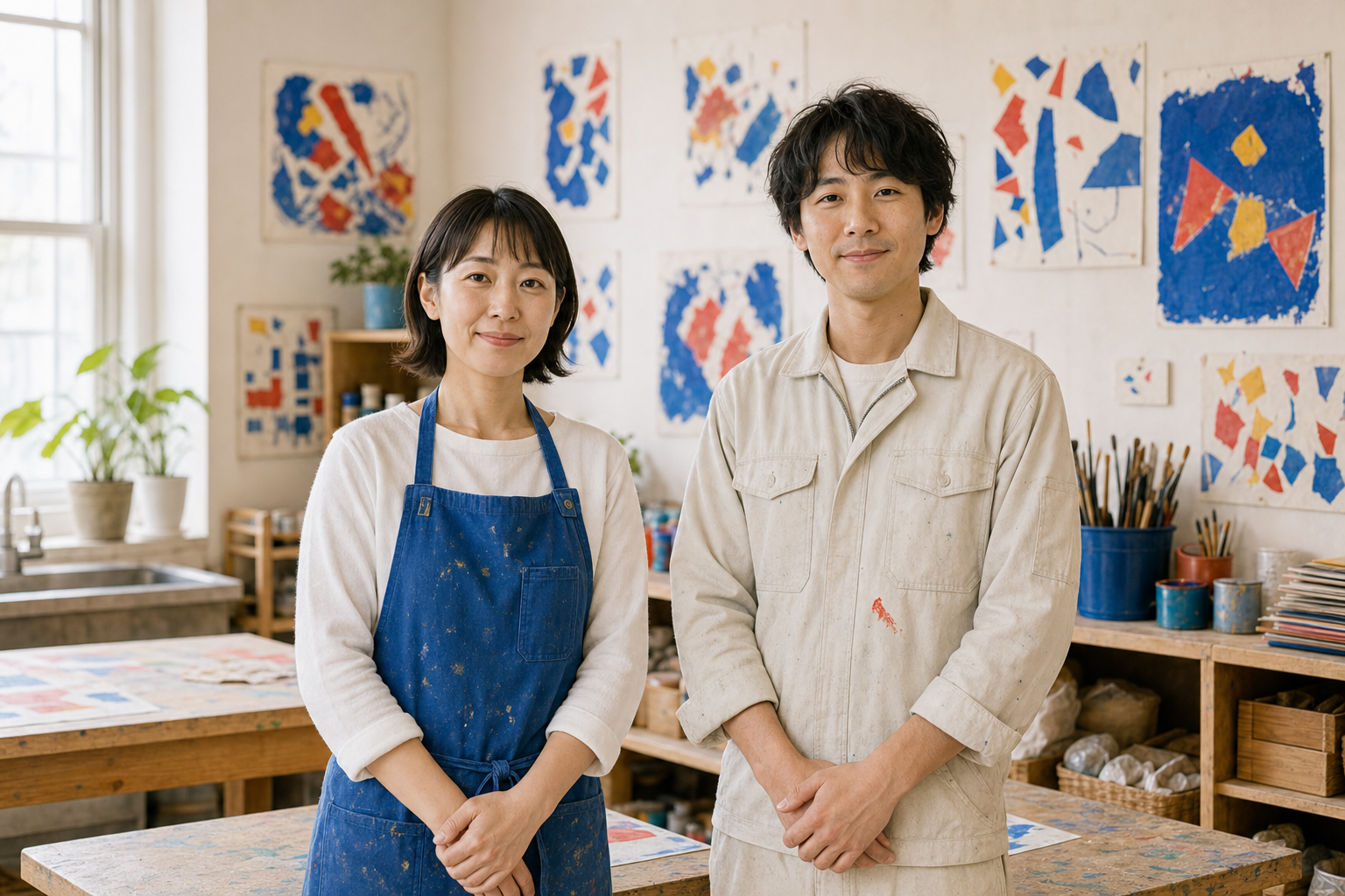 造形教室で作品を持つ水野あお先生