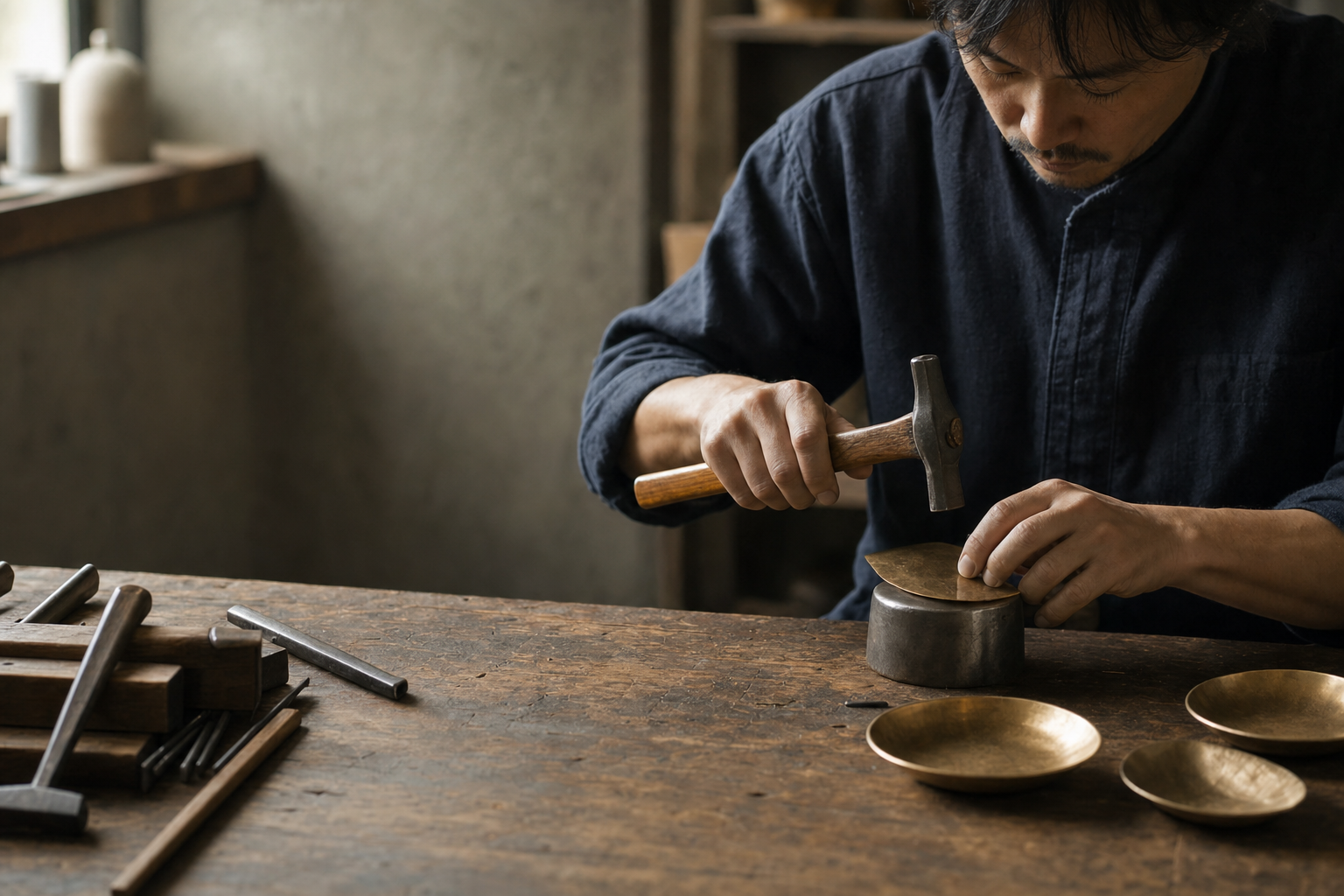 真鍮の皿を金槌で成形する作り手