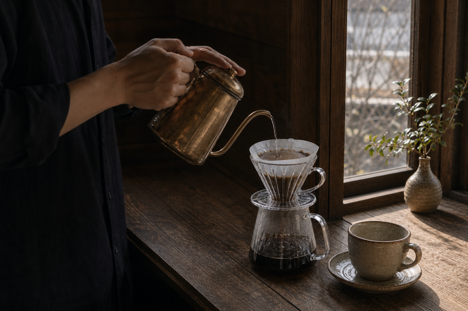 窓辺でハンドドリップのコーヒーを淹れる手元