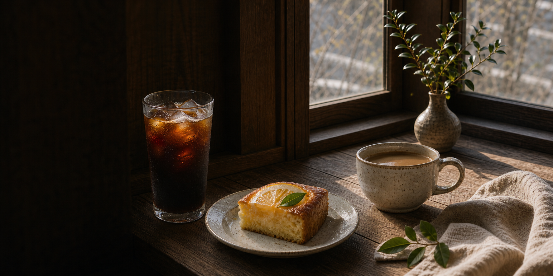 アイス珈琲、レモンケーキ、カフェオレを並べた季節のメニュー